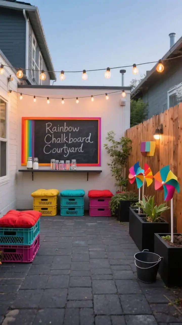 Medium, straight-on courtyard view of a “Rainbow Chalkboard Courtyard”: charcoal pavers in a tidy grid underfoot; a giant exterior-grade chalkboard mounted along a wooden fence, framed in rainbow-painted trim; stackable milk-crate stools topped with waterproof cushions in bold red, yellow, teal, and magenta; clear jars of chalk on a slim floating shelf; a string of warm globe lights overhead for evening glow; geometric planters and colorful wind spinners along the edges; a small rinse bucket nearby; jet black base contrasted with saturated pops of color; dusk lighting with bulbs softly illuminated, no people, photorealistic.