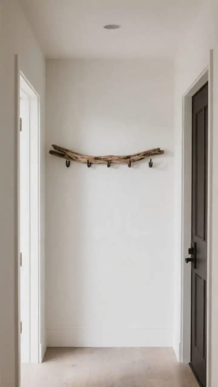 Medium, straight-on entryway view of a minimal driftwood coat rack that doubles as art: a sturdy, straight-ish