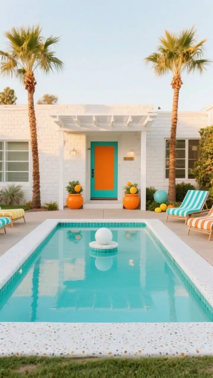 Medium, straight-on retro-modern entry at late afternoon: a crisp rectangular front-yard pool with white terrazzo coping and turquoise waterline tile sits center stage. Two petite date palms flank the approach. Add citrus-colored planters in tangerine, lemon, and aqua. The façade features white breeze blocks, a bold color-pop front door (papaya or teal), and a white powder-coated steel shade pergola. Finish with vintage-inspired striped canvas sun loungers and a sculptural sphere fountain adding playful movement. Palette: white, turquoise, citrus brights, sandy neutrals. Vibe: Palm Springs jet-set nostalgia, pool party ready, photogenic. Photorealistic, no people.