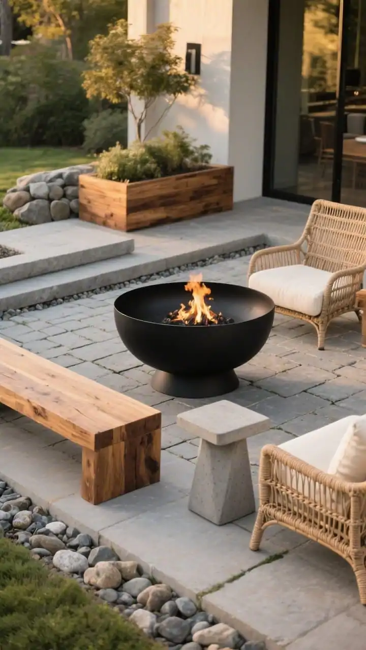 Medium, straight-on scene showcasing mixed materials for contrast: a sleek matte black steel fire bowl centered on stone pavers, flanked by chunky cedar wood benches with cream cushions; nearby, a cast concrete side table pairs with airy wicker/rattan lounge chairs; a river rock border transitions to a teak planter, repeating materials for cohesion; palette limited to black, warm cedar, natural wicker, cream, and teak; late golden-hour lighting accentuates textures in steel, wood grain, concrete, and wicker; photorealistic, no people.