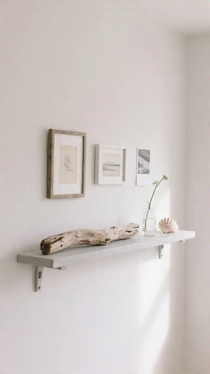 Medium, straight-on shot of a minimalist curated driftwood gallery ledge on a smooth matte-white wall: a single thick, flat piece of sun-bleached driftwood (2–4 inches deep) mounted with hidden floating shelf brackets, lightly sanded and sealed with matte water-based polyurethane for a natural finish. Styled with slim thrifted frames holding neutral-toned printable art and postcards, a tiny clear bud vase with a single stem, and a small seashell. Emphasize contrast of rough driftwood texture against the sleek wall, soft natural daylight from the side creating gentle shadows, calm coastal palette of whites, sandy beige, and driftwood gray. No people, photorealistic.
