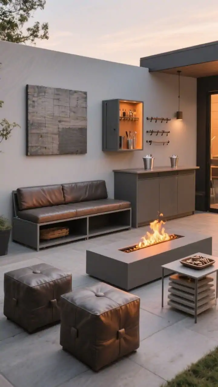 Medium straight-on shot of a modular entertaining patio: a storage bench anchoring one long side, opposite two cube ottomans that double as seats/tables; a narrow rectangular fire table running lengthwise at center with a gentle amber flame elongating the space; a compact fold-down wall bar mounted beneath weatherproof art closed on one side and open on another variation within frame, showing hooks for bar tools and a tiny ice bucket; stackable side tables and a tray ready for s’mores; materials read as aluminum, performance faux leather, and ceramic. Color palette of charcoal, taupe, cognac, and soft amber light in early evening, photorealistic.