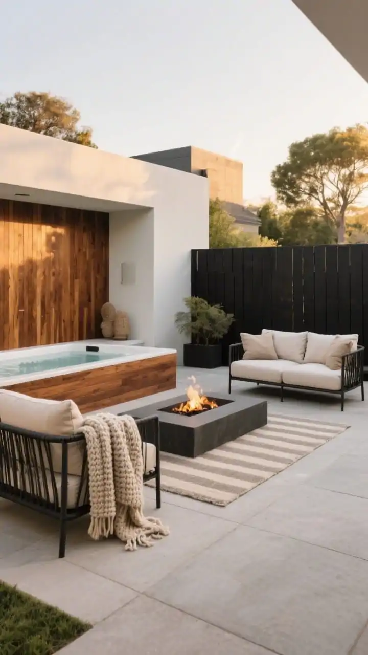 Medium, straight-on view of a minimalist modern patio showcasing a cohesive material palette: large-format concrete or porcelain pavers, a warm ipe wood accent wall wrapping the hot tub edge, and matte black powder-coated aluminum furniture and privacy screens. Layer soft decor: linen-look outdoor cushions in neutrals, textured throws, a chunky knit draped near the fire pit seating, and a neutral striped outdoor rug that feels boutique hotel. Soft golden-hour lighting. No people.