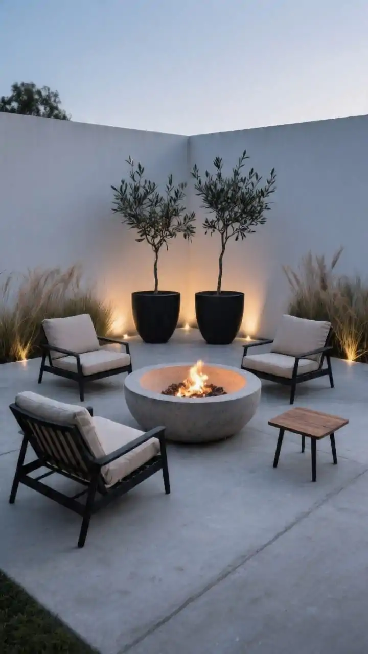 Medium, straight-on view of a modern minimal concrete fire pit setup: a precast concrete bowl on a smooth concrete patio, three low-profile lounge chairs with matte black metal frames and neutral performance cushions arranged around it, two oversized matte planters with slender olive trees and ornamental grasses, in-ground uplights grazing up around the bowl for dramatic lighting, tight palette of concrete, matte black, and a touch of teak on a single side table, clean lines and calm composition at dusk, no people