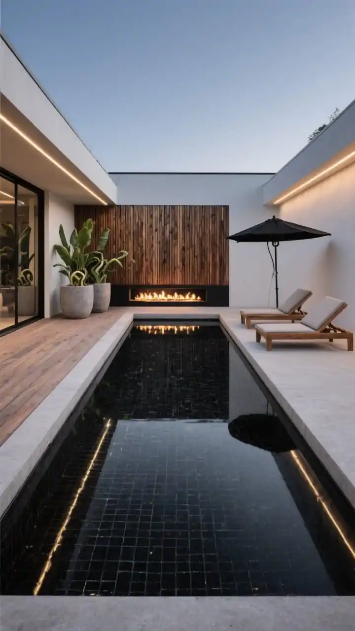 Medium, straight-on view of a modern mirror pool with black-tiled drama: a narrow rectangular mirror-like pool lined in charcoal/black mosaic tile creating inky reflective water, flush poured-concrete coping with razor-clean edges and a minimal deck, a slatted cedar privacy screen at the far end with a linear gas fire feature, two low-slung teak loungers and a sculptural black umbrella, oversized concrete planters with snake plants; LED strip lighting glowing under the coping at dusk, palette of black, natural wood, soft gray, matte white; cinematic, photorealistic.