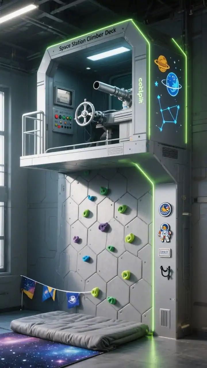 Medium, straight-on view of a “Space Station Climber Deck”: a hex-panel climbing wall leading up to a compact deck “cockpit,” structure painted sleek graphite with neon edge trim; planetary decals and star constellations that will glow at dusk; inside the cockpit a repurposed steering yoke, labeled switch control panel, and a periscope-style viewer; a roll-out crash mat on the ground below; galaxy flags and astronaut badge hooks on the side post; palette of graphite, silver, neon lime, cosmic blue; late-day light with subtle reflective highlights, no people, photorealistic.