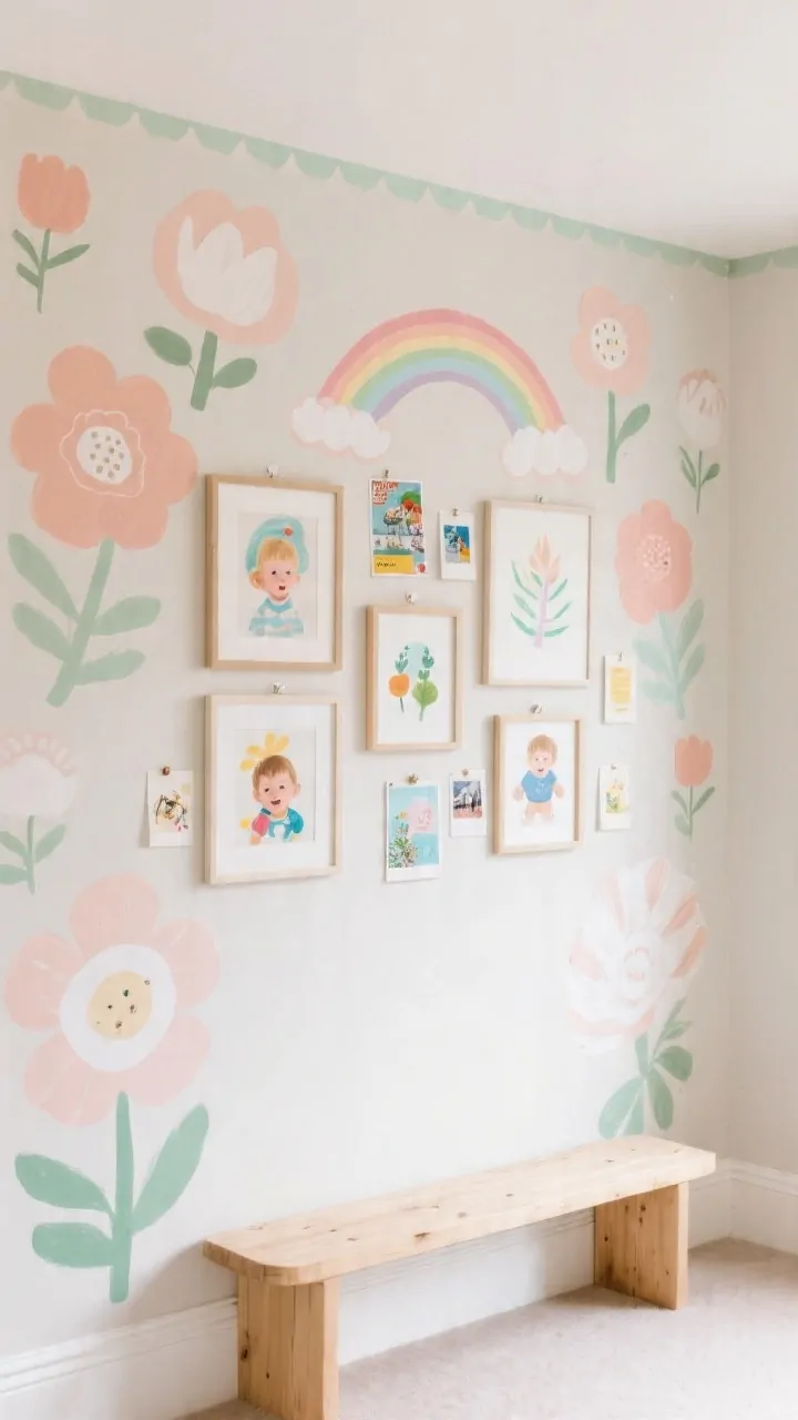 Medium, straight-on wall scene: A playful feature wall covered in removable, peel-and-stick decals of whimsical oversized florals in muted blush and sage, with a pastel rainbow scallop border painted crisply using painter’s tape. A gallery grid of framed toddler art, postcards, and photos arranged at child height, hung with Command strips; all frames in matte finishes to prevent glare. Neutral base wall color, simple white baseboard, and a light natural wood bench below the gallery for scale. Bright but soft daylight, no people, photorealistic detail on decal texture.