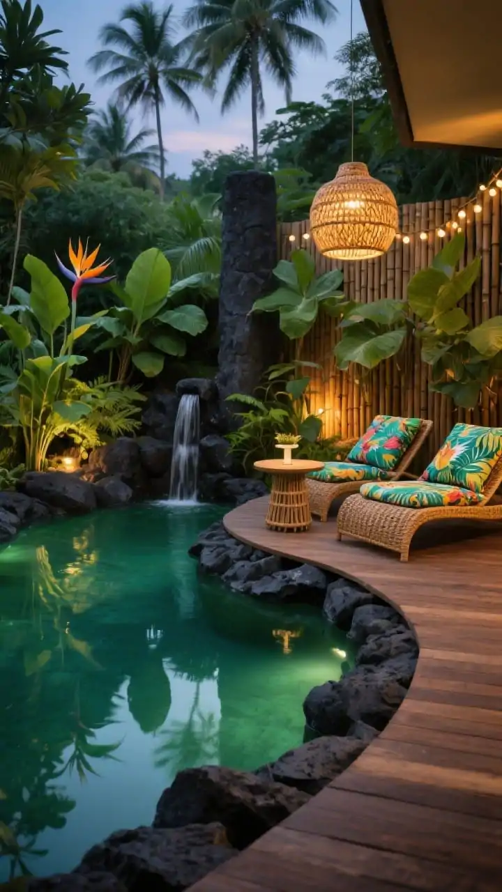 Medium twilight shot, tropical hideaway: a small freeform pool edged in dark lava rock, water deep jade reflecting dense foliage of mini palms, bird of paradise, and philodendron. A curved balau-wood deck hugs one side with two rattan loungers topped with bright tropical print cushions. Bamboo privacy screen behind, warm low path lighting tucked among leaves. A basalt column fountain bubbles into a small rock channel feeding the natural filtration zone. Over a tiny cocktail table, a woven pendant and string lights add warm glow. Color palette: jade, charcoal, sunlit lime, rattan honey. Photorealistic, moody exotic resort-at-home ambiance.