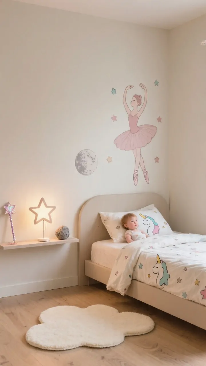 Medium wall-focused shot: A whimsical-but-calm toddler room corner with a single statement wall featuring removable ballerina-themed decals on one wall only; the other walls remain neutral and soft. The bed has neutral base bedding with a swap-friendly themed duvet cover and matching pillowcases (unicorns and stars), while the rest stays understated. A playful shaped rug cloud in cream on light wood floors, and one fun lamp (a star-shaped bedside lamp) adds character without clutter. A narrow display shelf shows a rotating treasure: today’s sparkly wand next to a small moon rock. Gentle, warm ambient lighting. Photorealistic, straight-on angle for clarity and balance.