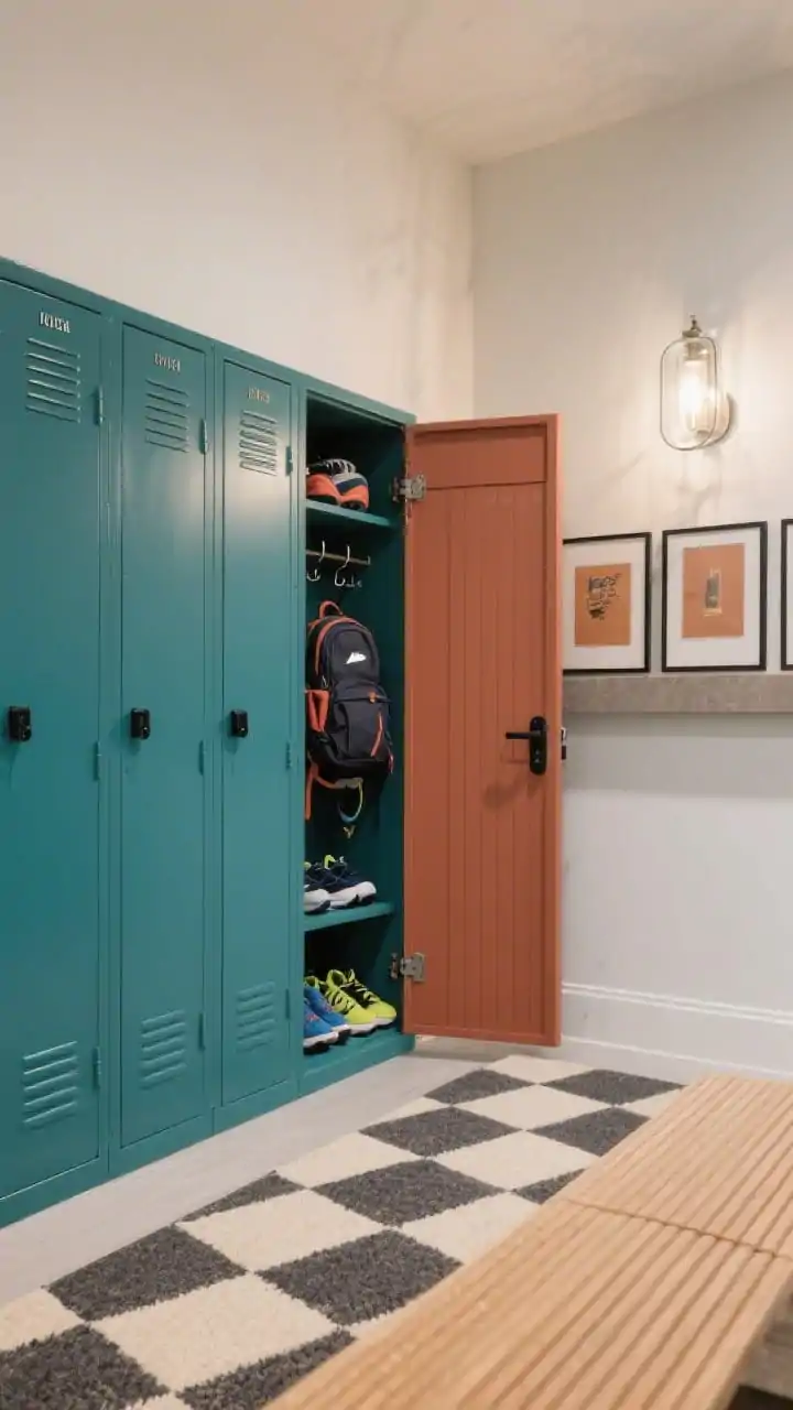 Medium-wide boutique entry captured from a low corner angle: a run of slim floor-to-ceiling color-blocked lockers alternating deep teal and clay, each door labeled in crisp type with matte black pulls; doors closed and one slightly open to reveal interior hooks and adjustable shelves with organized sports gear, backpacks, and shoes; cream-and-charcoal checkerboard runner; ribbed-glass sconce on the wall adding soft glow; opposite wall features a chunky gallery ledge leaning framed prints in warm tones echoing teal and clay; finishes satin paint, ribbed glass; vibe fashion-forward, family-proof.