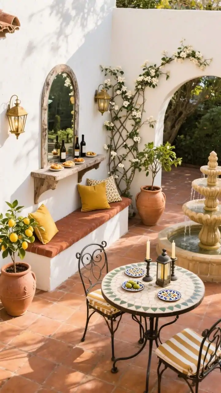 Medium-wide courtyard scene from a corner angle: A Mediterranean patio with terracotta tiles and a white masonry bench topped with rust, saffron, and olive cushions. An arched mirror reflects dappled sunlight, next to an arched trellis with climbing jasmine. A distressed wood console holds wine and small bites. A mosaic-topped bistro table with wrought iron dining chairs with striped seat pads sits nearby. Aged brass lanterns and iron candleholders create a sun-drenched glow. Terracotta amphora planters, a lemon tree in a clay pot, patterned tile coasters on the table, and a trickling tiered fountain as the focal point. Warm afternoon light, photorealistic.