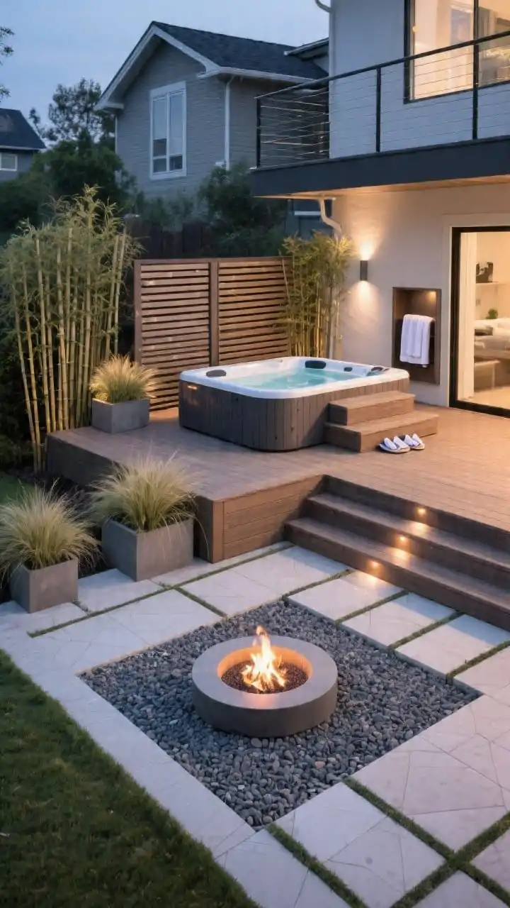 Medium-wide, eye-level: An elevated composite deck with a hot tub integrated into the platform, featuring built-in steps and a small towel-and-slipper cubby. Slatted privacy screens and tall planters with bamboo/clumping grasses create a secluded feel. A lower-level compacted gravel pad hosts a modern fire pit, bordered by porcelain pavers. Clean transitions between levels, proper clearances from house and railings visible. Evening ambiance with subtle deck lighting; organized, intentional layout.