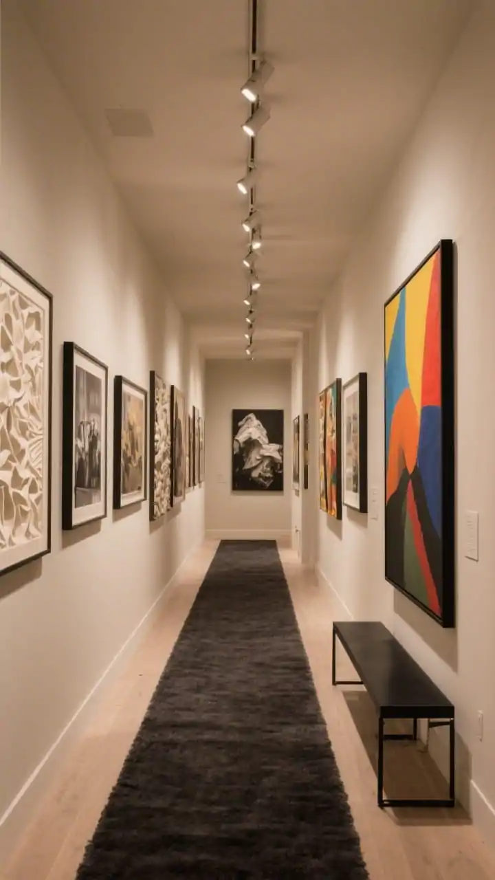 Medium-wide gallery hallway, oblique angle from the corner: warm greige walls lined with staggered large-scale frames mixing saturated abstract canvases, photography, and a few sculptural reliefs; ceiling track lighting with adjustable micro-spotlights tilted to illuminate each artwork; a dark charcoal wool runner grounding the space; a low, narrow black metal bench beneath the largest piece; palette of greige, black metals, and rich art tones; museum-like glow, photorealistic, no people.