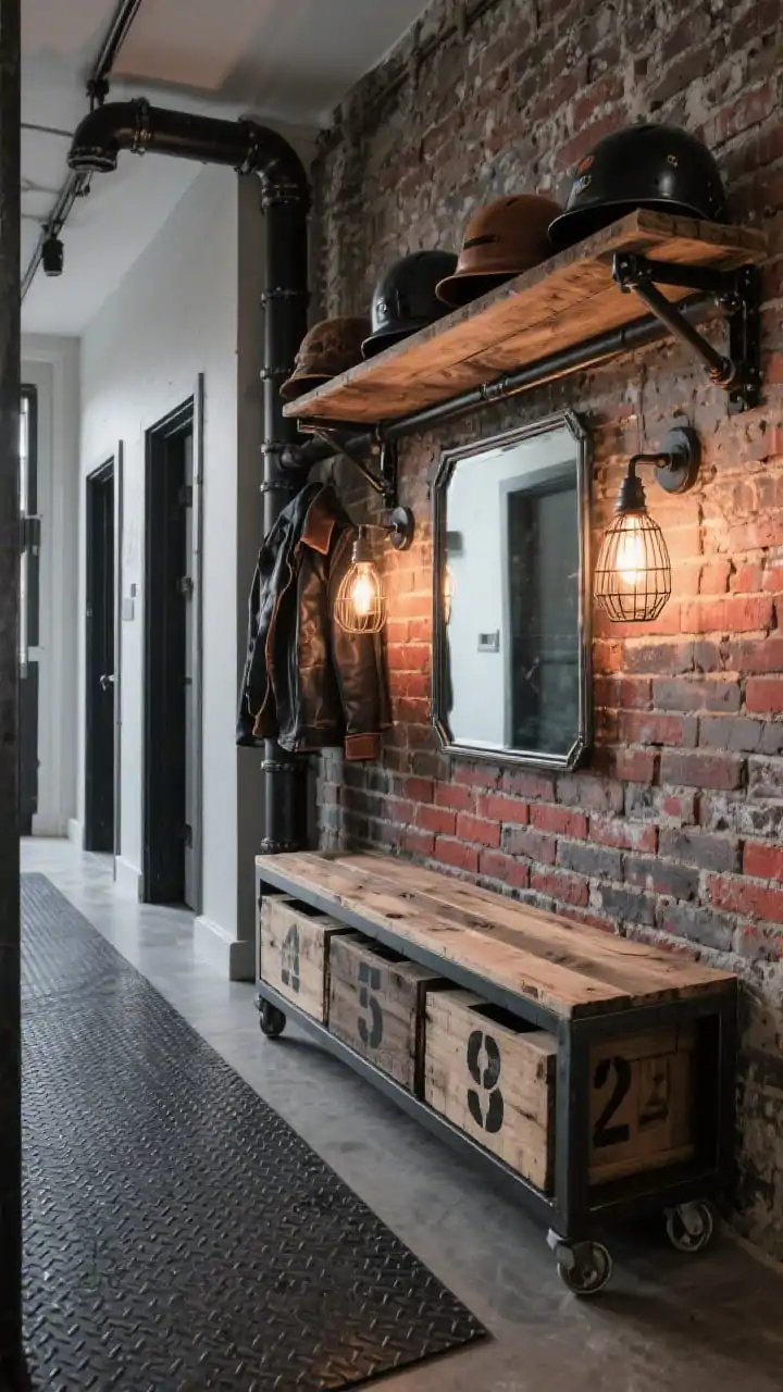 Medium-wide industrial hallway from a gritty side angle: custom black steel pipe rack with jackets; reclaimed plank shelf above holding hats and helmets; beneath, a low steel-framed bench over rolling wooden crate drawers numbered in stencil paint; backdrop of exposed brick (or realistic brick-effect) wall; rectangular metal-framed mirror; factory-style caged-bulb sconces flanking the mirror casting warm industrial light; rubber-backed runner on the floor; palette brick red, charcoal, black, weathered oak; finishes steel, reclaimed wood, matte brick, worn leather accents.