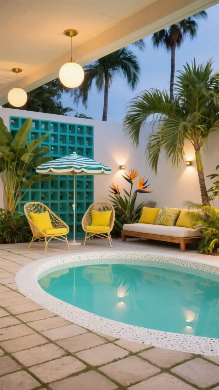 Medium-wide, photorealistic: A breezy mid-century tropical oasis featuring a clean kidney-shaped pool edged in white terrazzo with a mint-aqua interior. Surrounding surface is a neat grid of buff concrete pavers. Pops of chartreuse and sunshine yellow appear on upholstery: an angular pair of Acapulco chairs and cushions on a low-slung acacia daybed. Sculptural plantings include traveler’s palms, bird-of-paradise, and a spotlighted bismarck palm casting dramatic frond shadows at dusk. A retro striped umbrella and a turquoise breeze-block privacy wall add playful geometry. Lighting: sconce uplights on palms and glowing globe pendants under the eaves.