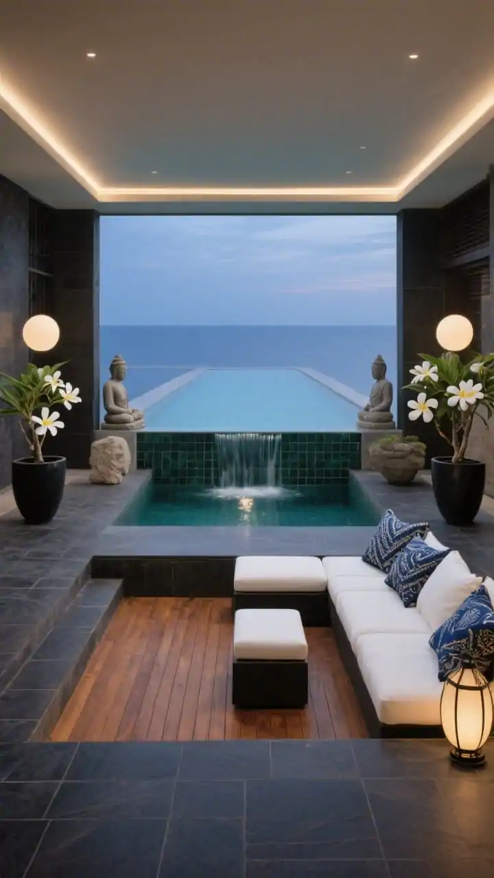 Medium-wide, photorealistic: A rectilinear infinity-edge pool dissolving into the horizon, framed by charcoal porcelain pavers and a warm merbau/ipe wood deck. A sunken lounge at water level with low, boxy daybeds in crisp white cushions sits beside matte black planters holding white frangipani trees. The far edge features a glossy dark jade tiled spillway catching light as water sheets over. Accents include stone Buddha sculptures, handwoven indigo batik pillows, and oversized lanterns. Lighting: linear LEDs under the coping and floating orb lights giving an ethereal evening glow. Perspective: straight-on symmetrical composition emphasizing serene geometry and horizon line.