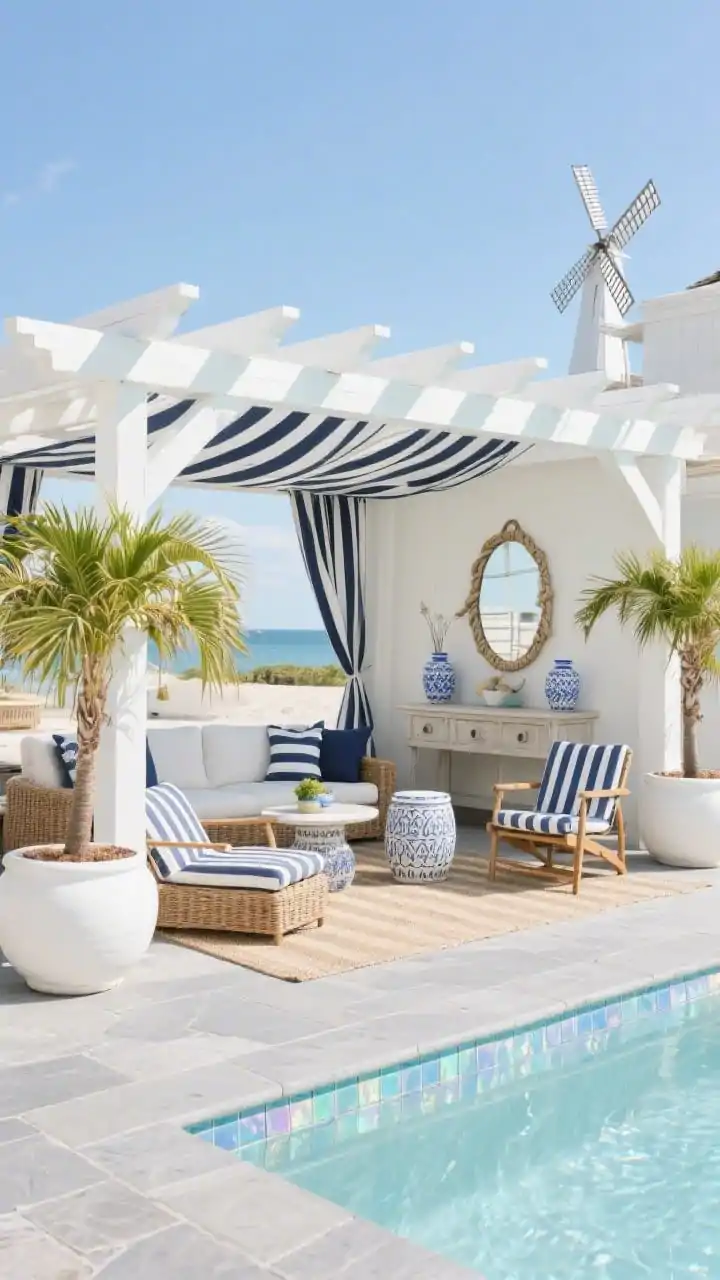 Medium-wide shot, bright midday: A coastal pergola zone at pool’s end featuring a white-painted pergola dressed with navy-and-white striped drapes. Beneath it, a breezy rattan sectional with performance cushions, ceramic drum tables, and striped chaise cushions nearby. The pool deck is soft gray travertine; windmill palms in oversized white planters flank the scene. Add two director’s chairs for yacht-club flair, an outdoor console with a nautical rope mirror above, blue-and-white jar planters, an iridescent pale blue waterline tile, and a striped outdoor rug. Palette: white, navy, pale blue, soft gray, sandy beige. Photorealistic, straight-on.