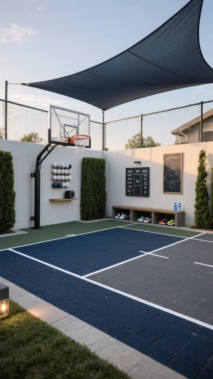 Medium-wide, straight-on court view, late afternoon: A compact multi-sport backyard court with permeable sport tiles in deep navy and graphite, crisp white game lines for basketball, pickleball, and futsal. Features: adjustable hoop, removable net system installed, wall-mounted ball rack neatly organized, scoreboard-style wall art on a nearby fence. Seating: slim bench with cubbies holding shoes and water bottles, charcoal shade sail stretched above. Polished edges with narrow evergreen hedges and subtle ground uplighting; a vertical chalkboard for scorekeeping and a small Bluetooth outdoor speaker on a shelf. Clean, athletic vibe without neon, no people.