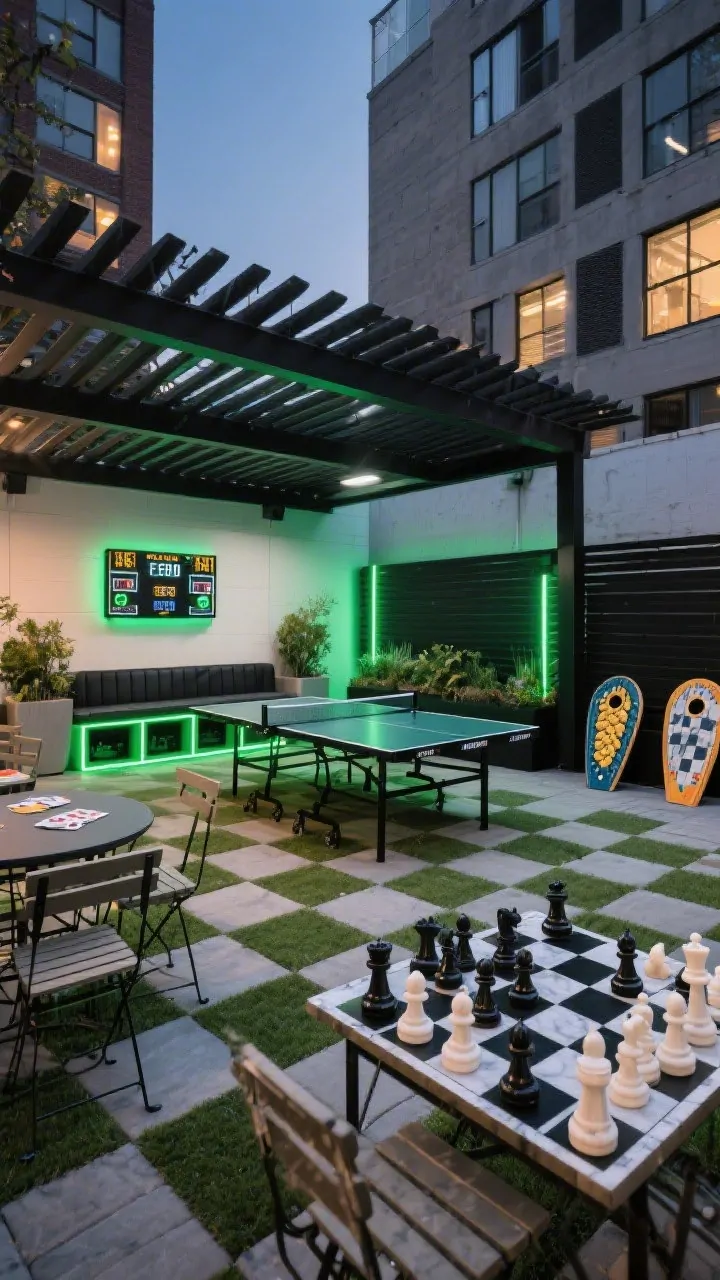 Medium-wide, straight-on courtyard feel at evening: An outdoor tabletop arcade under a louvered pergola, checkerboard pavers with turf inlays creating a crisp graphic base. Palette: black, white, kelly green with small pops of neon. Features: weatherproof ping-pong table centered, cornhole boards off to one side, and a giant chess set with marble-look pieces arranged on a dedicated square. Seating: bistro tables for card games with stackable chairs; built-in bench with storage below, glowing with LED strip lighting. A wall-mounted scoreboard and playful graphic planters complete the urban courtyard vibe, no people.