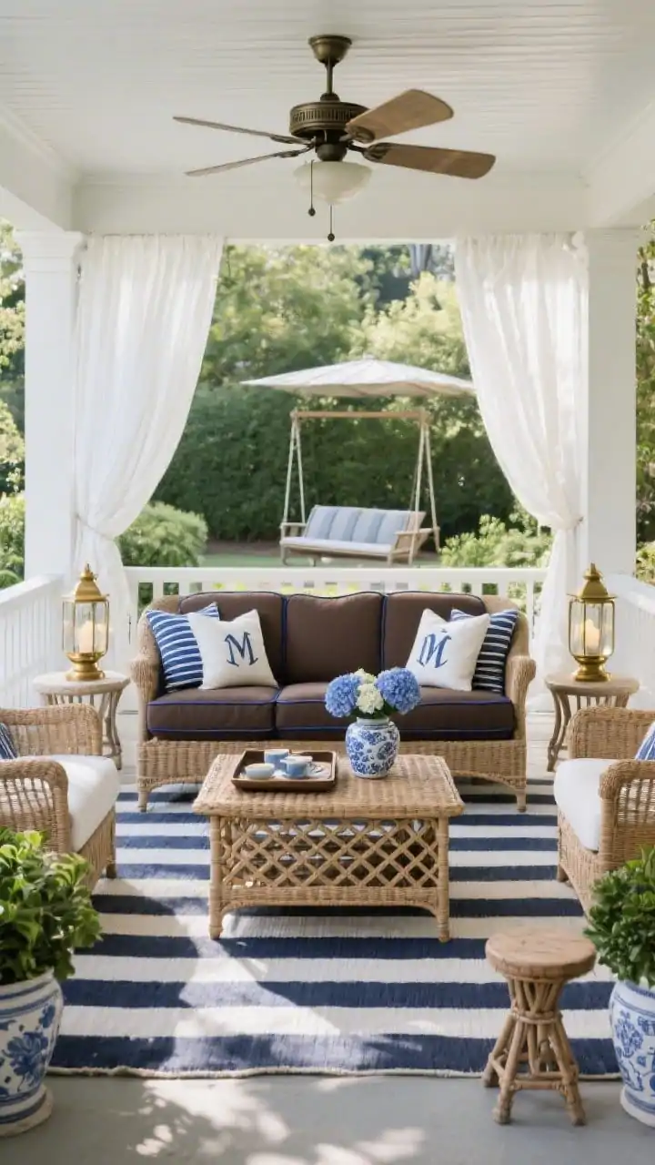 Medium-wide, symmetrical straight-on porch view: A classic veranda living room setup with a rolled-arm wicker sofa in espresso featuring navy piped cushions, flanked by brass-finish lanterns. Wingback-style outdoor chairs face a slatted lattice coffee table on a striped navy-and-white rug. Matching urn planters with greenery frame the entry. Crisp white outdoor drapery pools lightly at the floor; a traditional ceiling fan hangs above. Garden stools as side tables, a classic porch swing in the background, monogrammed pillows, blue-and-white ginger jars, and hydrangeas in a vase. A woven tray set as a petite coffee/tea station. Bright but soft daytime light, photorealistic.