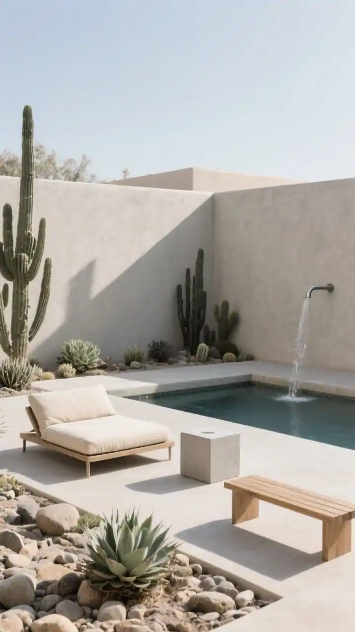 Minimalist detail/medium hybrid shot, desert modern: a small pool with a faux-concrete surround made from cement backer board finished in microcement, crisp straight lines; ground covered with river rock and clusters of low-water cacti and agave; a single outdoor daybed in bone-colored canvas, a concrete cube side table, and a slim wood bench; a simple metal water spout creating a gentle cascade; palette of putty, bone, charcoal, and sage; high, dry daylight with clean shadows emphasizing texture; photorealistic, no people.