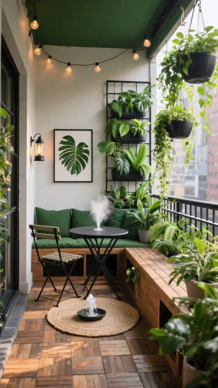 Narrow balcony wide shot, Urban Jungle Balcony Oasis in late afternoon: interlocking teak tiles covering the floor; a compact built-in-look bench with hidden storage and deep forest-green cushions along the railing; a black metal plant grid packed with philodendron, ferns, snake plant, and trailing ivy; hanging planters cascading down; a matte black folding bistro table with slim-profile chairs; outdoor-safe art on the wall, a misting bottle hanging from a hook; a round jute-look rug beneath the table and a small tabletop fountain adding movement; lantern string lights overhead; deep green, black, teak with pops of lime; cozy, urban jungle vibe, photorealistic.