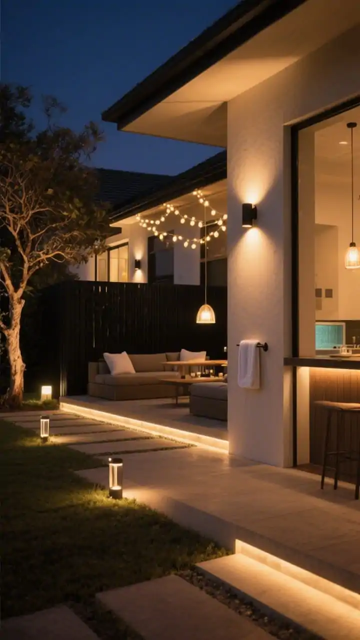 Nighttime detail shot emphasizing layered lighting: dimmable sconces on the house casting warm 2700K–3000K ambient light, soft string lights or subtle pendants over the lounge, step lights by the spa, small path markers, and a gentle task light by towel hooks. Add accent uplights grazing a tree and washing a matte black privacy screen, plus a soft glow under a bar ledge. No floodlights; overall warm, inviting glow. No people.