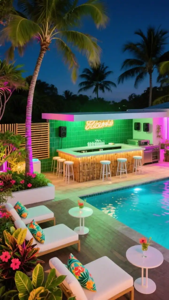 Nighttime party vibe, wide shot: A tropical entertainer’s oasis with a swim-up bar featuring submerged stools, a bamboo-clad slatted outdoor kitchen, and an emerald green tiled back wall popping against silhouetted palms. A raised spa with a spillway feeds the pool. Modular loungers with bright white cushions and tropical-print pillows dot the deck alongside powder-coated white bar-height stools and round cocktail tables. Perimeter planting includes queen palms, crotons, hibiscus, and philodendron for saturated color. LED color-changing lights wash the water and palm trunks; a neon sign glows above the bar, complemented by an outdoor speaker system and a slatted wood privacy screen with a built-in ice well. Photorealistic, elevated angle.