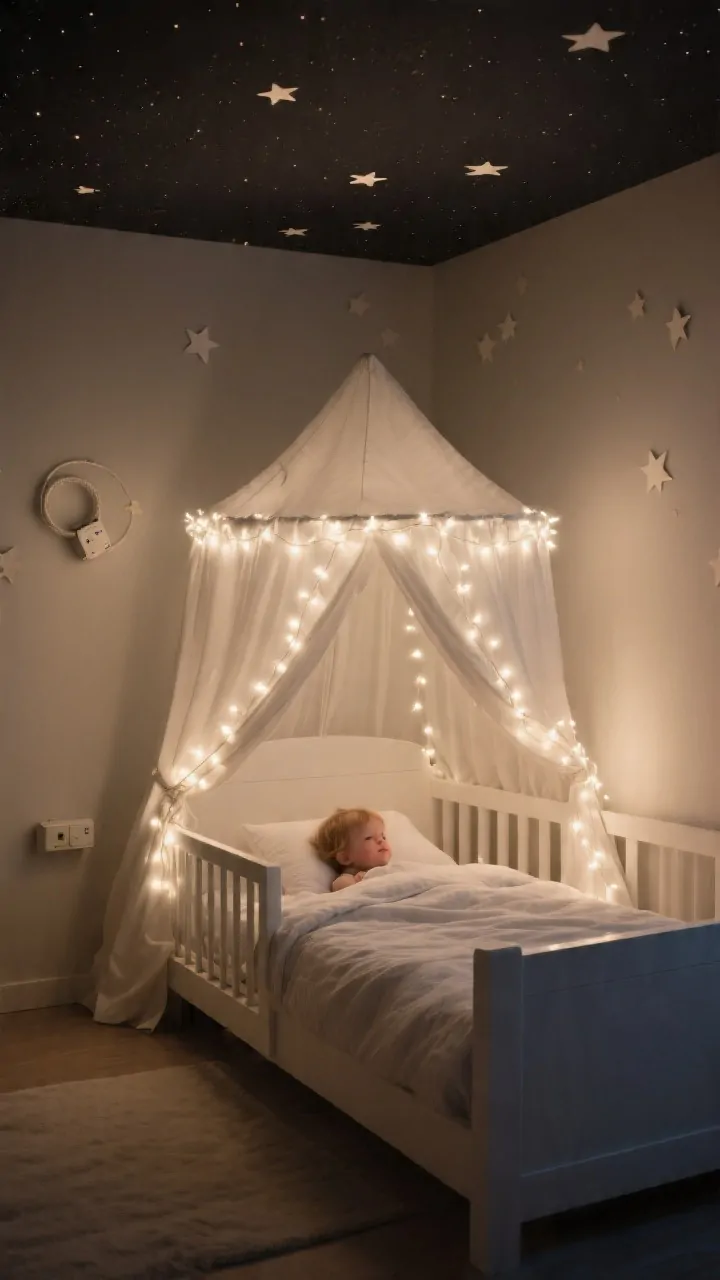 Nighttime wide shot: A toddler bed under a twinkle-lit canopy ring, warm white battery-operated LED fairy lights woven inside the top ring and along canopy rails, creating a soft sleepy glow; subtle star decals scattered on the canopy fabric and ceiling to suggest a mini galaxy; discreet battery pack tucked into a small hidden pocket near the canopy ring; overall room dim, with warm white dominating to emphasize cozy bedtime mood; photorealistic, no people.