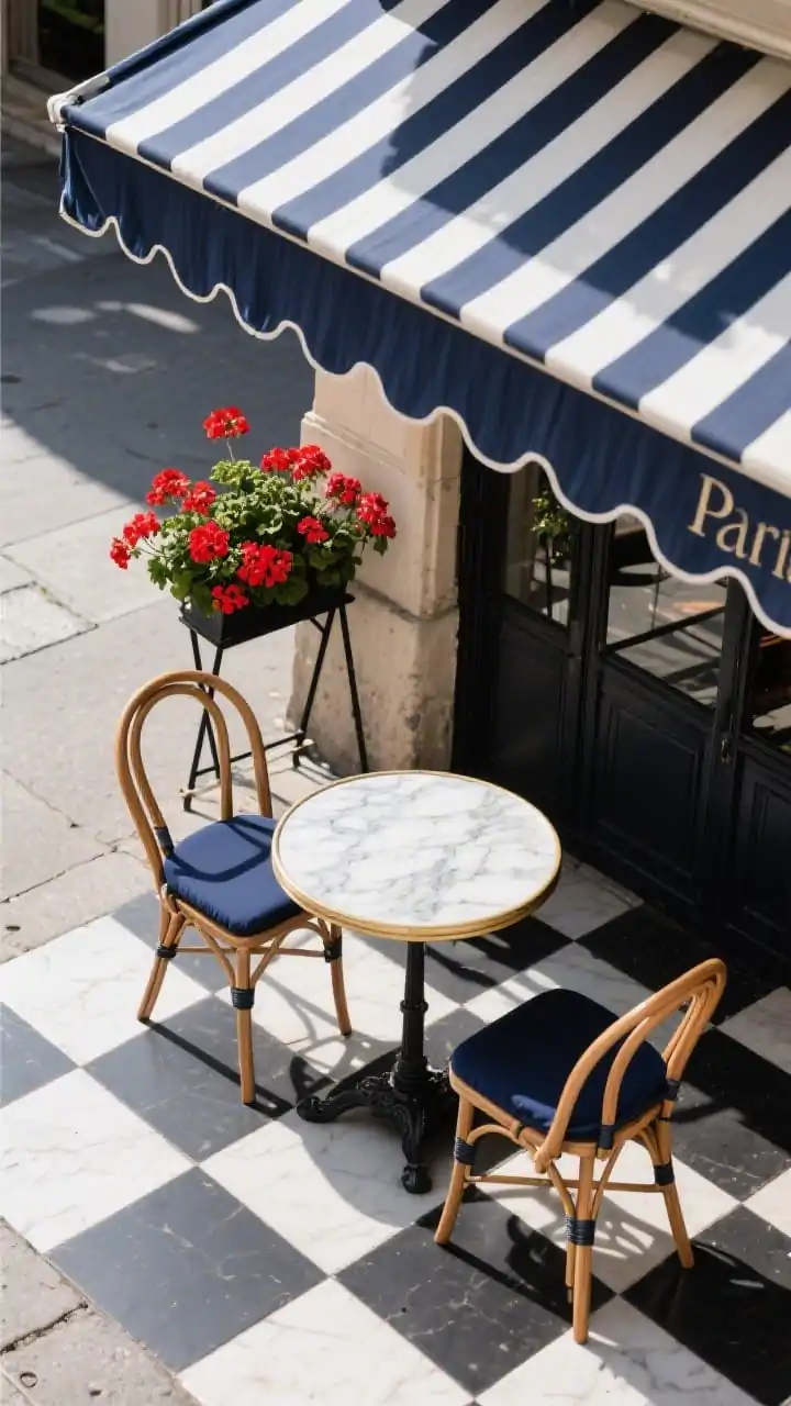 Overhead angle medium shot of a Parisian bistro patio: black-and-white check pattern across part of the concrete (peel-and-stick tiles or painted), a petite marble-look bistro table with two bentwood-style chairs featuring navy cushions; a folding plant stand full of red geraniums nearby; striped café umbrella with a scalloped edge casts elegant shade; color palette: navy, black, white with pops of red; photorealistic, bright but soft daylight.