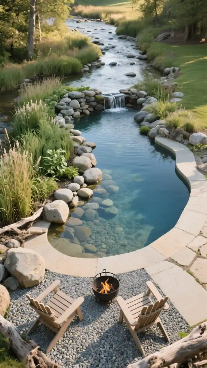 Overhead angle, rustic riverbank lagoon: an organic, kidney-like natural pool framed with rounded river stones and driftwood accents; depth slopes from a shallow entry shelf to a cozy plunge zone. A meandering regeneration bed planted with native reeds, water mint, and pickerelweed runs alongside, reading like a streamside. A small stacked-stone trickle cascade filters water over smooth cobbles into the pool. Nearby, on a pea-gravel pad, two Adirondack chairs face a simple iron fire bowl. Color palette: sand, smoke gray, river blue, leafy green. Photorealistic, late afternoon warm light, casual outdoorsy mood.