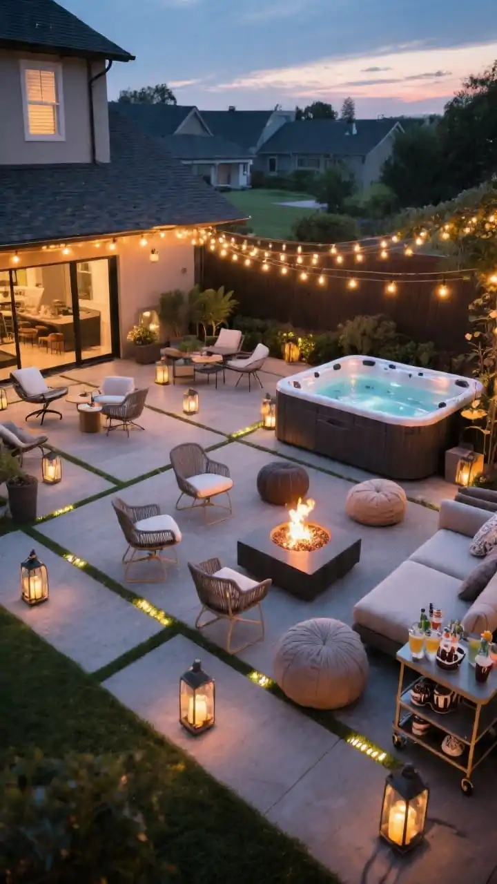 Overhead/angled wide shot at dusk: A party-ready patio divided into flowing zones. In a quieter back corner, a hot tub sits with subtle path lighting. Closer to the foreground, a lounge area encircles a modern fire pit adjacent to a small outdoor bar cart stocked for cocoa and summer spritzes. Clear 36-inch traffic paths between furniture clusters; flexible seating mix of swivel chairs, poufs, and a loveseat. Layered lighting: warm string lights overhead, lanterns at knee height, and tiny solar markers defining paths. Lively, social atmosphere, no people.
