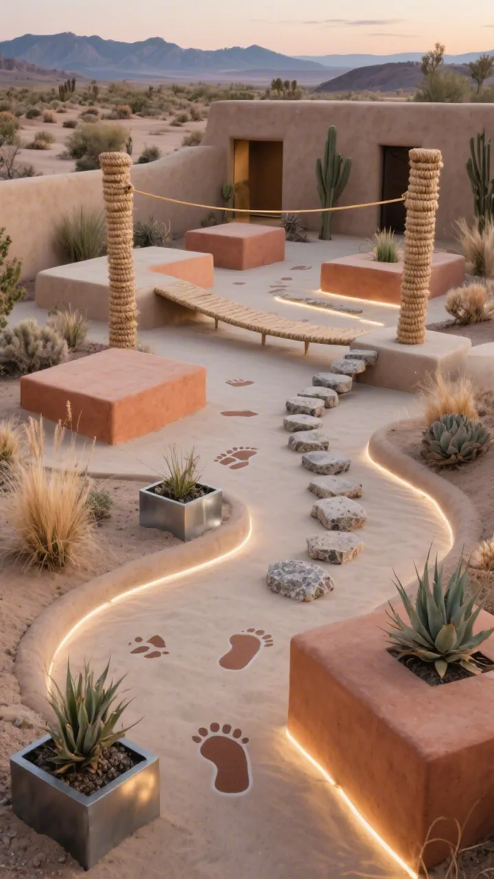 Overhead/angled wide shot of a desert oasis parkour course arranged as sculptural garden art: chunky adobe-inspired stucco-look boxes and curved balance paths in sand, clay, and terracotta tones; platforms at varied heights with rounded edges for smooth flow; a slackline stretched between two sisal-wrapped posts; a wobble bridge of stepping stones set in decomposed granite; steel planters with agave and desert grasses; subtle painted arrows and footprints guiding routes; low LED strip lights tucked under edges beginning to glow at dusk; Southwestern modern mood, earth textures; no people, photorealistic.