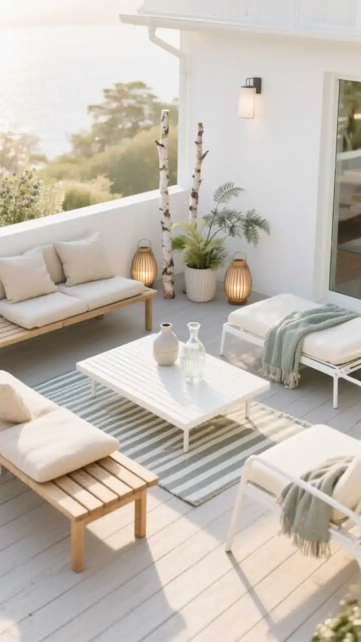 Overhead/angled wide shot, Scandinavian Sun Deck in soft morning light: pale composite decking with clean-lined slatted wood benches topped with oat-colored cushions; a rectangular slat coffee table centered on a subtle striped outdoor runner; a low-profile white metal lounger to one side; textiles in cream, pebble gray, and soft sage layered sparingly; minimal ceramic lanterns, birch planters, and ribbed glass carafes neatly arranged; dwarf birch, ferns, and silvery eucalyptus providing gentle greenery; matte white wall sconces and small teak lanterns offering delicate illumination; airy, minimal, photorealistic.