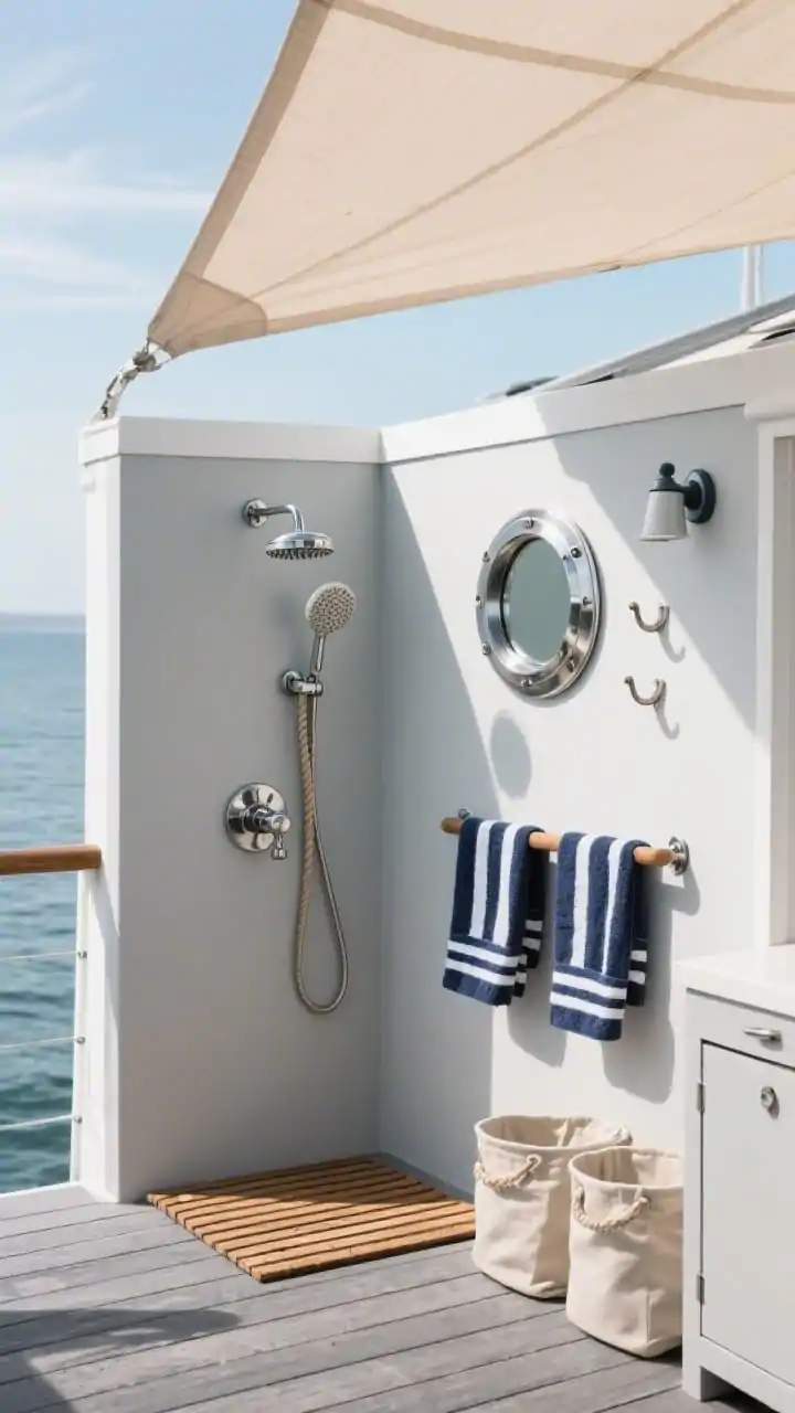 Overhead detail/medium hybrid, nautical deck shower: weathered gray platform deck with a simple privacy half-wall casting a soft shadow, triangular sail shade in soft sand stretched above, polished stainless shower with chunky valve and large circular head, teak slatted mat below, marine rope towel bar with navy-striped towels, porthole-style mirror and enamel hooks on half-wall, canvas storage bins and an outdoor wall-mounted cabinet nearby; palette of weathered gray, navy, white, stainless; bright coastal daylight with a light breeze implied; photorealistic.