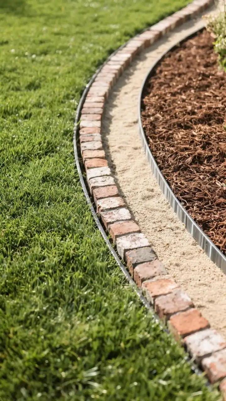 Overhead detail shot: A crisp lawn-to-bed interface showcasing a freshly cut manual trench edge with a half-moon edger, a repeating border of reclaimed bricks laid on a sand base curving into frame, and a neighboring bed topped with 2–3 inches of rich brown mulch; a strip of slim metal edging visible along a curve; sharp, clean lines, professional, polished look in bright daylight.
