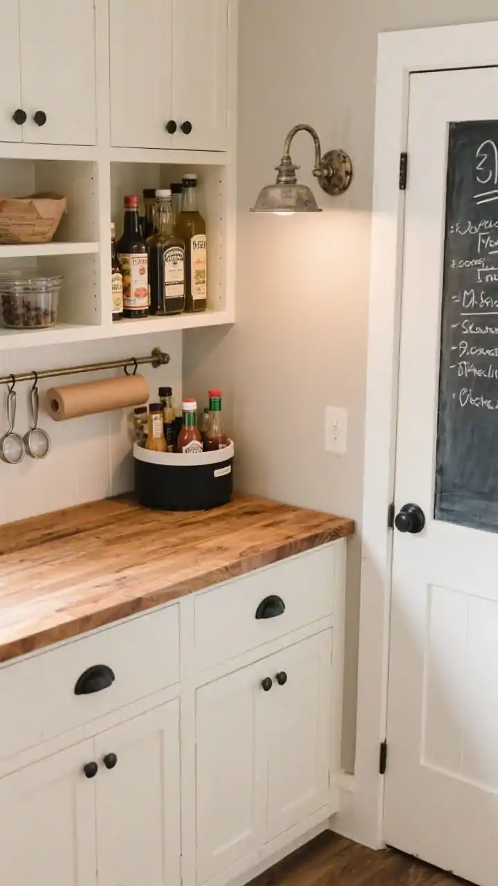 Overhead detail shot: A farmhouse-functional pantry workstation surface showing a warm butcher-block countertop beneath open shelves; creamy white shaker cabinetry with matte black bin pulls, a lazy Susan in the corner loaded with vinegars and sauces, a slim under-shelf rod holding measuring cups and a roll of kraft paper; to the side, a chalkboard panel on the door with meal planning notes; soft greige walls and a vintage-style gooseneck sconce casting gentle illumination; photorealistic, practical and charming.