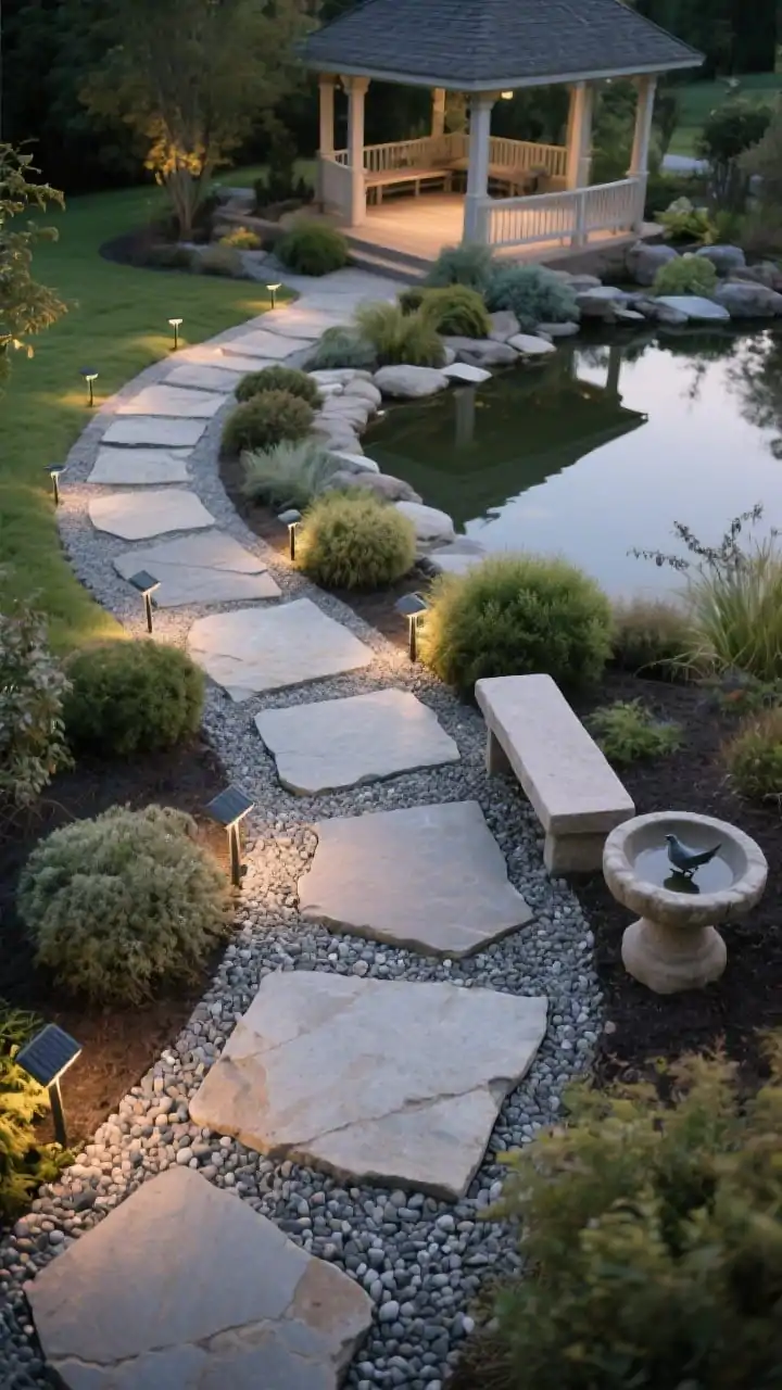 Overhead detail shot: a gentle curving “journey” path from gazebo to pond made of large flagstone stepping pads set in pea gravel joints and decomposed granite, edges softened by low mounding plants. Small solar stake lights tucked along the curve, beginning to glow at dusk. Include a purposeful “moment” along the route: a simple stone bench near a birdbath, suggesting a pause. Photorealistic textures of stone, gravel, and foliage.