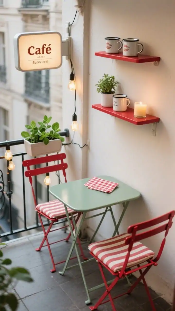 Overhead detail shot, Cafe-Style Bistro Balcony: compact folding bistro table in glossy sage (or cherry red) with two slim chairs, each with a stripey outdoor cushion; a narrow wall shelf above acting as a mini bar with enamelware mugs, a small plant, and a candle; a tiny herb planter box with mint and basil at the rail; cafe bulbs draped in a simple line casting a warm bistro glow; accents of a small cafe sign and checkered napkins; crisp, charming ambiance, no people, photorealistic.