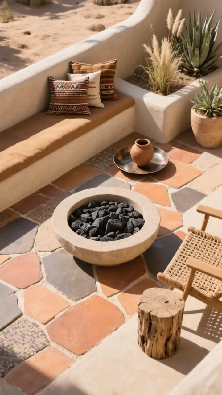 Overhead detail shot capturing textures and pattern: desert-toned porcelain slabs in terra-cotta and taupe laid in a random pattern with subtle movement; edge-wrapping stuccoed built-in bench topped with camel cushions along one side; centered wide shallow cast-stone fire bowl set on black lava rock; adjacent woven lounge chair arm and rustic stump stool corner visible; sand-colored planters with agave, aloe, and feather grass; kilim-style outdoor pillows, hammered metal tray, earthenware pot; warm late-afternoon light with soft shadows; palette of clay, sand, camel with charcoal accents; photorealistic, sun-baked and sculptural.