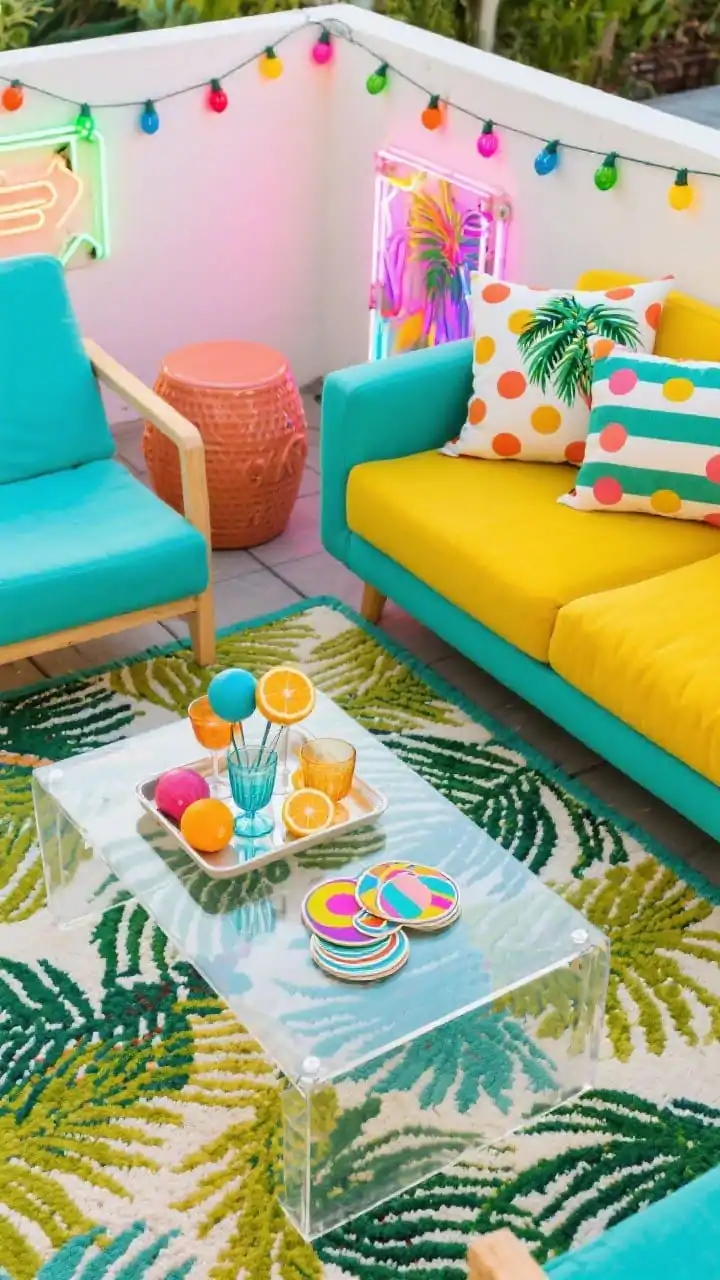 Overhead detail shot, Color-Pop Patio With Playful Maximalism: composition focused on a clear acrylic coffee table revealing a tropical-patterned rug below; surrounding pops of a sunny yellow loveseat cushion edge, turquoise lounge chair arm, and a coral ceramic garden stool corner; exuberant pillows in palm print, polka dots, and stripes layered together; multicolor globe string lights reflections; neon-inspired LED art glow casting vibrant hues; bar tray with citrus glassware and bold graphic coasters; bright, saturated color palette; crisp, photoreal textures.