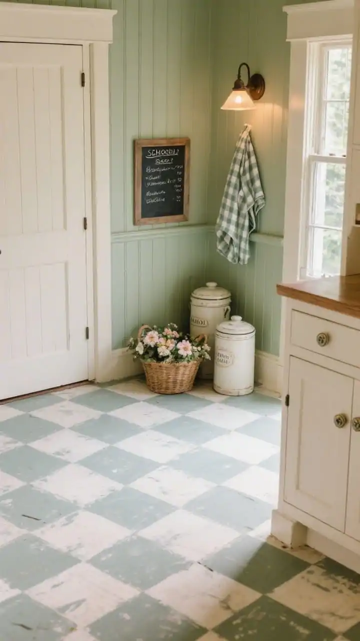 Overhead detail shot: Hand-painted checkerboard floor in two muted tones as the hero, bordered by soft sage beadboard walls and the toe-kick of cream-painted cabinets with ceramic knobs. Styled vignettes include vintage canisters, floral-lined baskets, and a hint of a fluted glass door edge catching light. A schoolhouse sconce’s warm glow grazes the scene; a folded gingham tea towel and a small chalkboard panel with a grocery list complete the cottage-core charm. Photorealistic, no people.