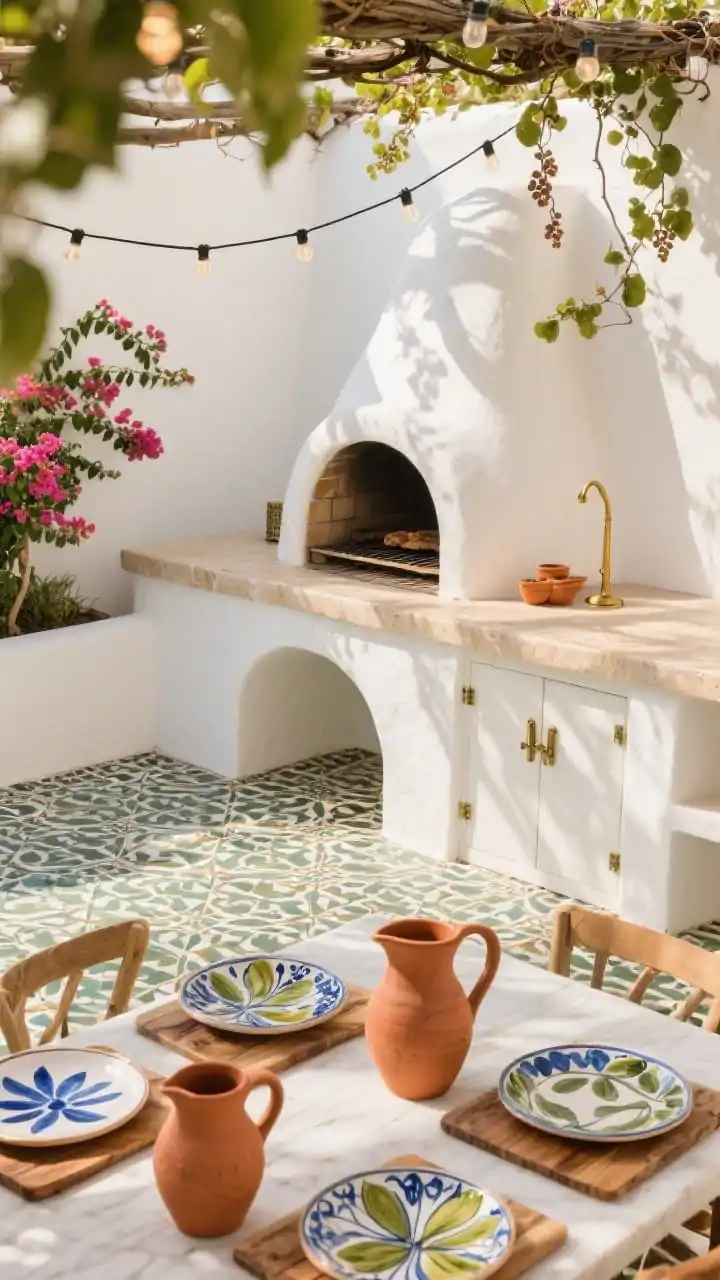 Overhead detail shot, Mediterranean Courtyard Grill Retreat tablescape: patterned encaustic tiles underfoot partially visible; a stucco grill station edge with a curved arch niche and pale limestone counter nearby; brass hardware catching warm light; tile-inlaid table set with hand-painted plates, terracotta pitchers, and olive-wood boards; surrounding hints of whitewashed walls and a splash of bougainvillea; string lights zigzagging under a grapevine-draped pergola bokeh in background; palette of white, terracotta, cobalt, and olive green; photorealistic, sun-washed ambiance.