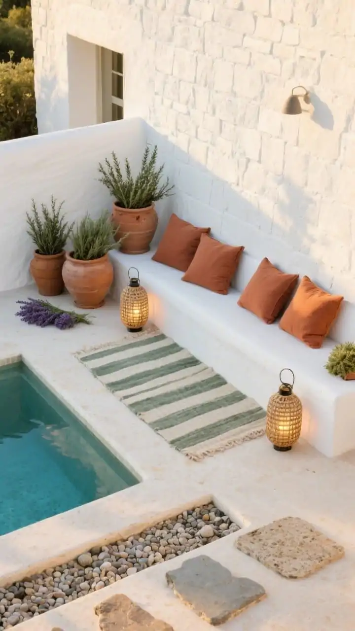 Overhead detail shot, Mediterranean textures: a limewash-style white masonry exterior cladding on a small pool edge, bordered by pea gravel and irregular stepping stones; a low white-limewashed bench along one side topped with terra-cotta cushions; oversized clay pots with rosemary and lavender clustered nearby; a faded striped rug and woven lanterns set for an evening dip; palette of chalk white, terra-cotta, and sage; warm golden-hour light with soft shadows; photorealistic, no people.