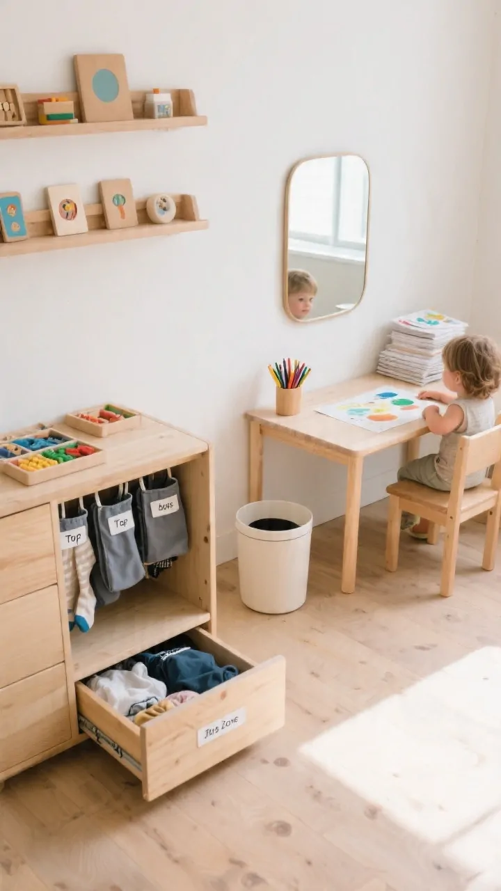 Overhead detail shot: Montessori-inspired kid-height stations arranged on a light wood floor Dress Zone drawer open with zipper pouches labeled for top, bottoms, socks; Play Zone shelf with 6–8 neatly spaced activities; Art Zone table set with washable crayons, paper stack, and a tiny lidded trash can; a child-height mirror mounted on the wall reflecting the setup; neutral palette with natural wood and soft white, bright morning light.