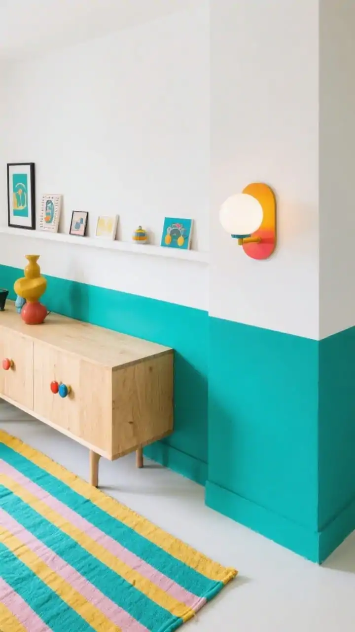 Overhead detail shot of a color-pop statement moment: lower half of the wall painted muted teal with clean white above, divided by a slim picture ledge displaying rotating small prints and objects; a glimpse of a blonde wood console front with colorful ceramic knobs; striped cotton runner on the floor in teal, saffron, and blush; a playful sculptural sconce with an opal globe and a pop-color backplate casting a cheerful glow; bright, modern, and curated, photorealistic, no people.