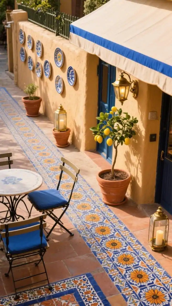 Overhead detail shot of a Mediterranean tile cafe strip: Spanish-inspired patterned tile runner with cobalt, sunflower, and terracotta hues, hand-painted ceramic plates as wall art on a warm plaster fence, terracotta pots and a lemon tree in a glazed planter, a curvy wrought-iron bistro table and foldable chairs with blue cushions partially visible, patterned outdoor rug edge, canvas awning stripe in cobalt over a doorway; warm sunlight with soft shadows, brass sconce lanterns and candle-filled hurricanes nearby, vacation alley vibe, photorealistic.