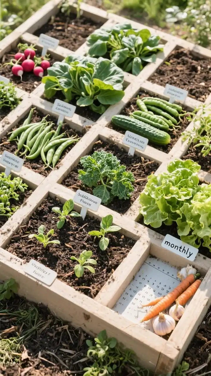 Overhead detail shot of a succession-planting calendar bed laid out like a mini schedule: labeled zones showing spring radishes, spinach, peas, and baby lettuce; adjacent squares just cleared and replanted with early-summer bush beans, basil, and cucumbers; a few late-summer kale and carrot seedlings tucked into open gaps; a corner marked for fall garlic and overwintering onions. Include one reserved “monthly” square for quick crops and evidence of staggered sowing (two lettuce rows at different sizes). Bright, even daylight, crisp plant tags, moist mulched soil, no people.