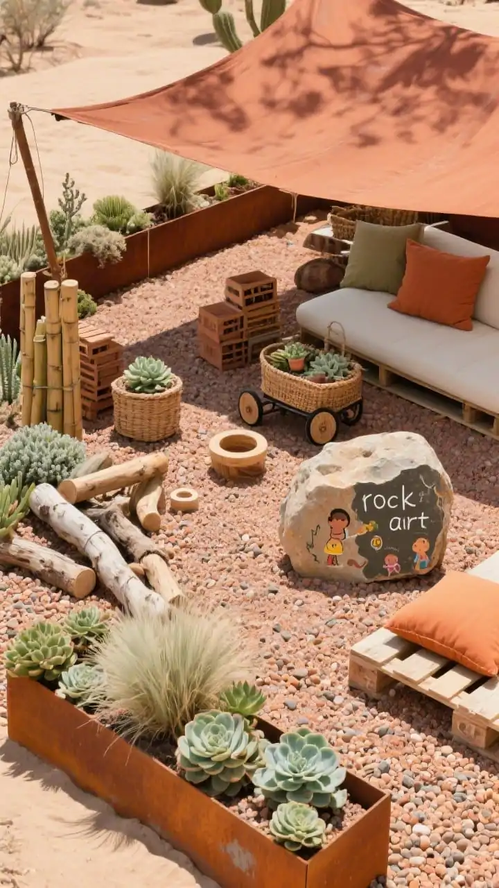 Overhead detail shot of desert discovery zone textures: warm terracotta-toned gravel (DG/pea gravel) edged by corten-style planters; clusters of kid-safe succulents (echeveria, sedum) and sage-colored grasses; loose parts arranged for play smooth logs, bamboo tubes, wooden rings, stackable crates; a clay/rust canvas shade sail casting defined shadows; wicker baskets and a low market cart partially in frame; a chalk-painted boulder with children’s “rock art” marks; low pallet platform corner with outdoor cushions in ochre and cream; palette of terracotta, clay, sage green, sand; crisp sunlit desert ambiance, photorealistic.