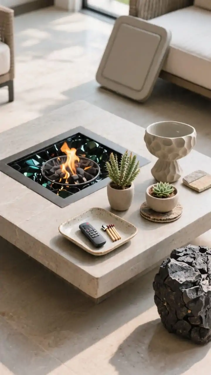 Overhead detail shot of styling a gas fire pit as a coffee table (fire off): a ceramic tray centered with remote, lighter, and matches; low succulents in small planters; a sculptural bowl; stone coasters. The pit’s media is swapped to dark fire glass for a glam look, with a tumbled lava sample off to the side to hint at options. A matching protective lid leaned nearby, suggesting conversion to a full tabletop. Soft natural daylight, crisp textures, photorealistic.